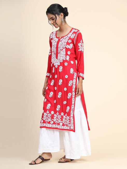 Miesha Iyer in Premium Hand Embroidery Chikankari Kurta Modal Cotton- Red
